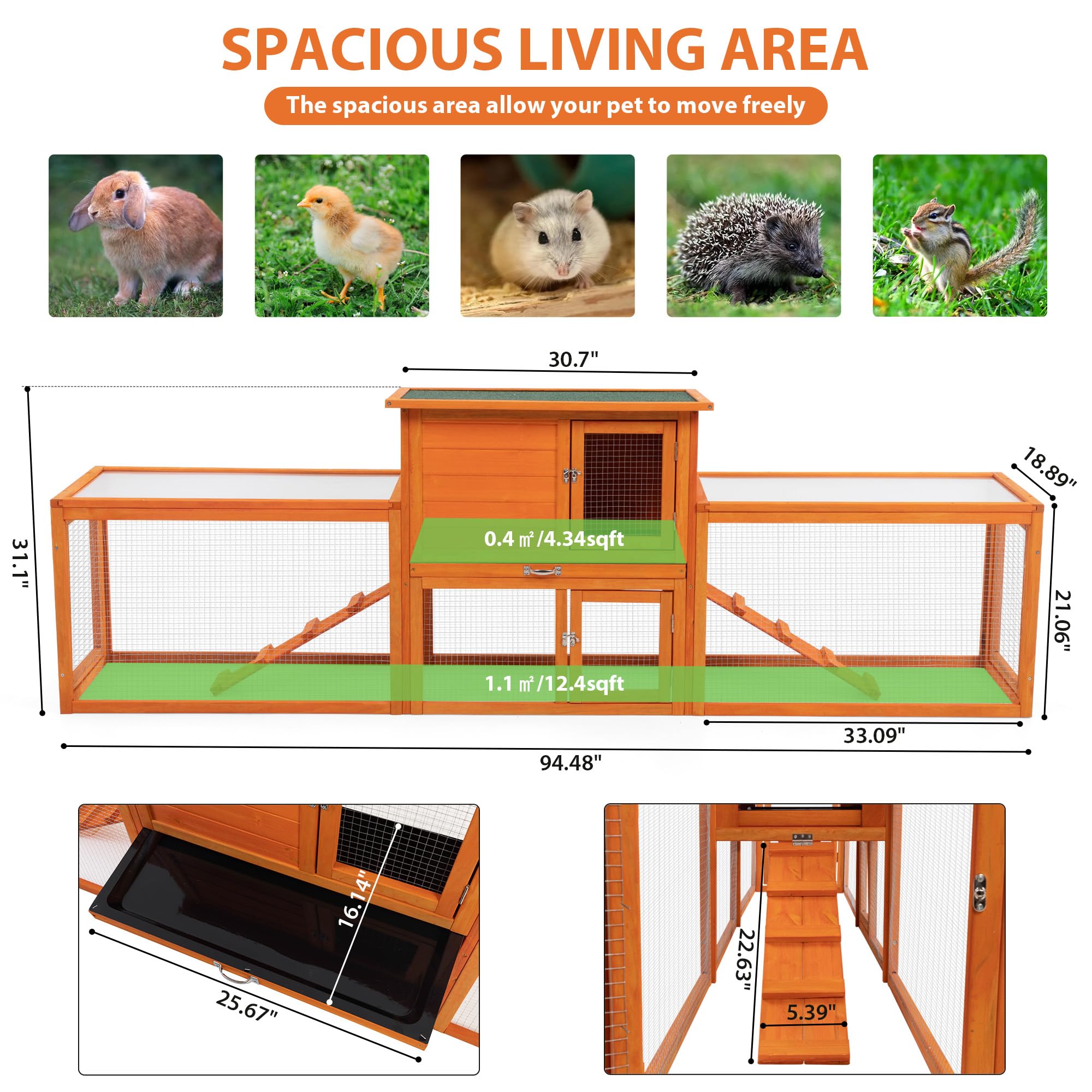 Outdoor Rabbit Hutch, 94'' L X 19'' W X 31'' H Extra Large Bunny Hutch By Coziwow, Wooden Rabbit Cage Indoor For Small Animals W